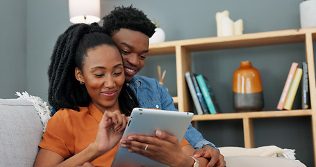 Image showing Black couple, tablet and happy man and woman browsing the internet, doing online shopping or enjoying streaming service subscription. Lovers enjoying social media mobile app with 5g home wifi network