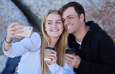 Image showing Love, selfie and couple outdoor, smile and summer vacation for relationship, romance and bonding. Romantic, man and woman with smartphone, picture for memory or loving together on break and affection