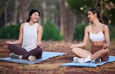Image showing Meditation, nature yoga and women exercise outdoor for fitness, peace and wellness. Friends on forest ground laughing for lotus workout and energy for mental health, chakra and zen mind or time