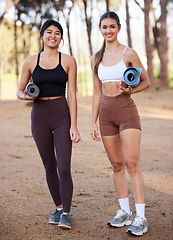 Image showing Portrait, yoga and exercise with woman friends in the forest for wellness, mental health or spiritual balance. Health, nature or diversity with a young female yogi and friend outdoor in the woods