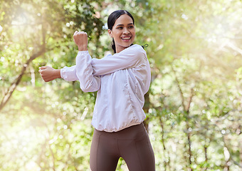 Image showing Fitness, stretching or girl in nature to exercise body training for balance, fresh air in healthy lifestyle. Female athlete, smile or happy sports runner in arm stretch workout or warm up for running