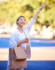 Image showing Taxi, shopping bags and coffee with Asian woman in city for sales, grocery and retail boutique. Happy, smile and summer with customer and hand for travel service in outdoors for fashion, deal or gift