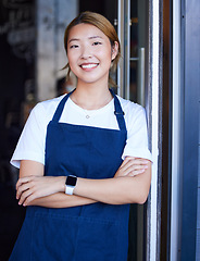 Image showing Welcome, cafe and portrait of asian woman at door for confident, waitress and entrepreneur in startup. Small business, smile and manager with barista in coffee shop for retail, restaurant and service