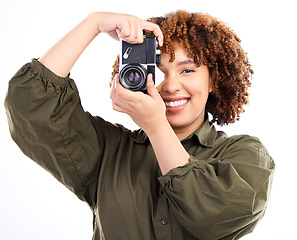 Image showing Photographer, portrait and woman using camera for a photoshoot isolated in studio white background. African American, black person and creative photography with picture or photo production