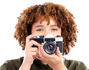 Image showing Portrait, photography and black woman using camera taking picture or photo isolated in studio white background. African American, black person and creative photoshoot as production employee