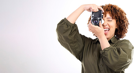 Image showing Photographer, photography and woman using camera taking picture or photo isolated in studio white background. African American, black person and creative photoshoot as production employee with mockup