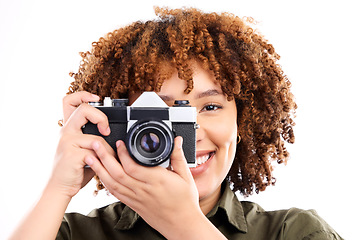 Image showing Camera, black woman and portrait of a young person taking a picture in a studio. Isolated, white background and photography shooting with a female feeling happiness with a smile from creativity