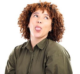 Image showing Tongue out, funny and woman being silly, fun and excited posing isolated against a studio white background. Trendy, gen z and young female being a crazy comic person or lady with facial expression