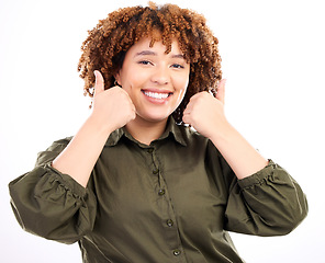 Image showing Thumbs up, black woman smile and portrait of young model in isolated white background in studio.Thank you, yes and like emoji hand sign of a female showing okay, agreement and approval hands gesture