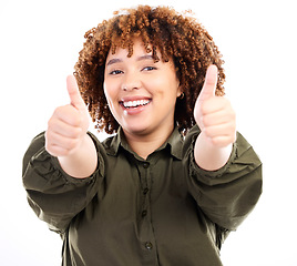 Image showing Thumbs up, happy black woman and portrait of a young model in isolated white background studio.Thank you, yes and like emoji hand sign of a female showing okay, agreement and approval gesture