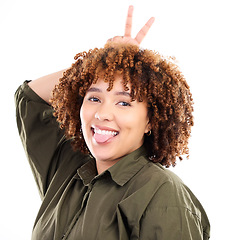 Image showing Black woman, tongue out in portrait with peace hand sign and goofy, playful and smile isolated on white background. Happy person, funny face with v, emoji and crazy, comic with female and gen z