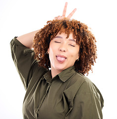 Image showing Black woman, peace sign and funny expression with smile, tongue out and cheerful girl isolated on white studio background. Jamaican female, lady and silly face for fun, finger and playful with joy