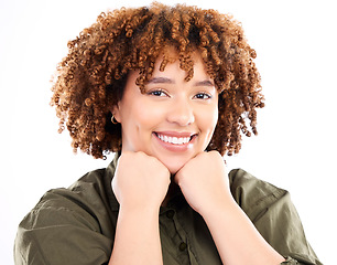 Image showing Happy, beautiful and portrait of a black woman with confidence isolated on a white background. Smile, happiness and an African girl with empowerment, smiling and confident on a studio backdrop