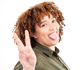 Image showing Peace sign, tongue out and portrait of black woman is confident and happy isolated against a studio white background. Young, fun and hand gesture by female feeling relax and happiness casual