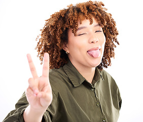 Image showing Black woman, tongue out and wink with peace hand sign and goofy, playful and smile isolated on white background. Happy person, funny face with v, emoji and crazy with female in portrait and gen z