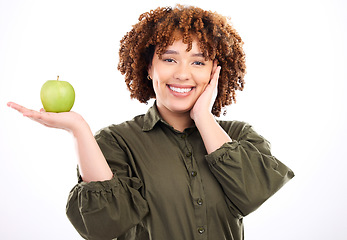 Image showing Apple, face portrait and African woman with fruit product for weight loss diet, healthcare lifestyle or body detox. Wellness food, nutritionist studio or happy vegan girl isolated on white background