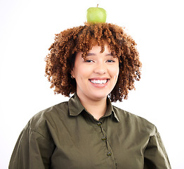 Image showing Apple, African face portrait and happy woman with fruit product for weight loss diet, healthcare lifestyle or body detox. Wellness food, nutritionist studio or vegan girl isolated on white background