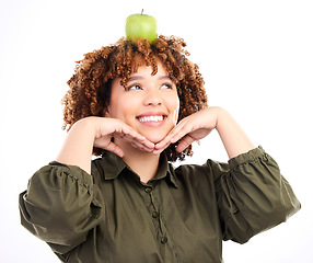 Image showing Apple, face and happy black woman with fruit product for weight loss diet, healthcare lifestyle or body detox. Wellness food, nutritionist smile and vegan studio model isolated on white background