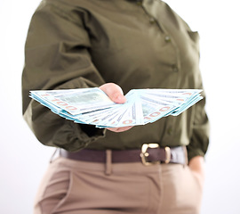 Image showing Winning studio money, hands or woman giving lotto award, competition prize or cash dollar win. Finance trading bonus, payment or winner of poker, bingo or casino gambling isolated on white background