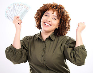 Image showing Happy, money and winner with portrait of black woman for investment, success or growth. Cash, dollar and wow with face of girl customer isolated on white background for financial, deal or promotion