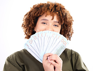 Image showing Finance, money and winner with portrait of black woman for investment, success or growth. Cash, dollar and wealth with girl customer isolated on white background for financial, deal or promotion