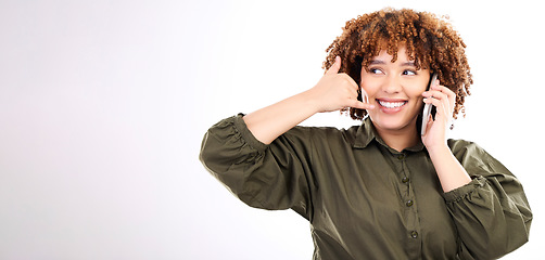Image showing Phone call, mockup and hand gesture by woman happy for mobile communication by young female with copy space. Talking, conversation and person with 5g service isolated in a studio white background