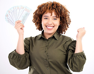 Image showing Success, money and winner with portrait of black woman for investment, finance or growth. Cash, dollar and wow with face of girl customer isolated on white background for financial, deal or promotion