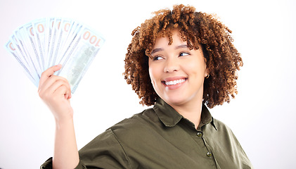 Image showing Finance, money and winner with happy with black woman for investment, success or growth. Cash, dollar and wealth with face of customer isolated on white background for financial, deal or promotion