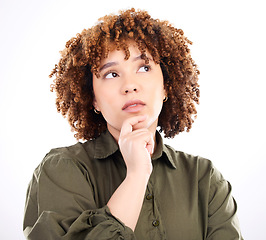 Image showing Thinking, concentrating and remember with black woman for confused, wondering and solution. Focus, why and question with girl isolated on white background studio for choice, ideas and decision