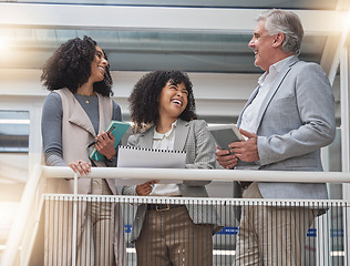 Image showing Business, employees and staff, outdoor and conversation for planning, new project and schedule. Teamwork, man and women with happiness, talking or brainstorming for ideas, collaboration, ceo or sales