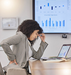 Image showing Back pain, business woman and headache of office employee feeling stress from web project. Work burnout, desk and African analytics worker working with anxiety in a company with a online deadline