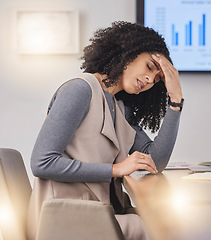 Image showing Corporate black woman, headache and tired in office for meeting, finance budget or accounting presentation. Girl, business health and burnout with fatigue, overworked and frustrated at workshop