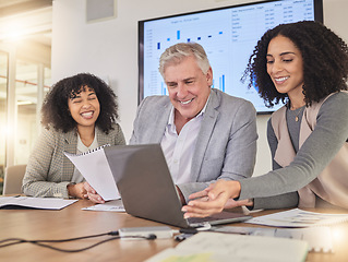 Image showing Happy, coaching and business people on laptop for creative, collaboration and project plan in office. Corporate, women and mentor with report for review, planning or teamwork idea for proposal