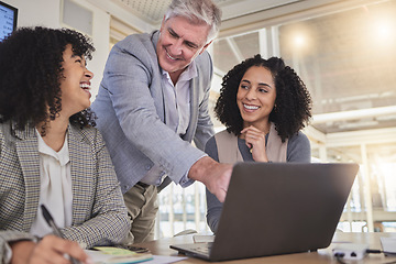 Image showing Coaching, business people and laptop for creative, collaboration, training and project review in office. Corporate, women and mentor with report for meeting, planning or teamwork idea for proposal