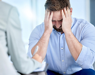 Image showing Stress, fired and business man sad is jobless, depression and corporate employee feeling anxiety suffering for mental health. Worker, frustrated and fail at work with burnout or fatigue