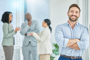 Image showing Happy, expert and portrait of a businessman with arms crossed in a coworking office. Pride, manager and professional employee with confidence, motivation and executive at a corporate company