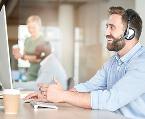 Image showing Call center consulting, ecommerce and happy man telemarketing on contact us CRM or telecom microphone. Customer service ERP, video conference and information technology consultant talking on webinar