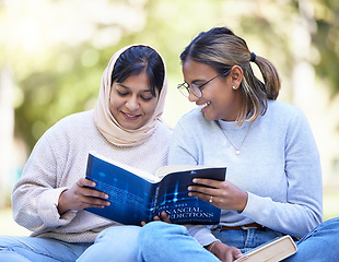 Image showing Muslim students, reading or books in park for finance studying, investment education or stock market learning. Smile, happy or Islamic women and school, accounting or financial teamwork for college