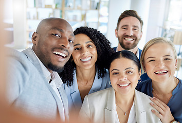 Image showing Happy, smile and selfie with business people in office for teamwork, support and diversity. Solidarity, community and collaboration with portrait of group of friends for picture, positive or workshop