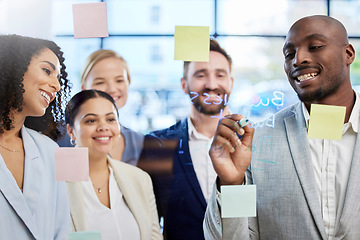 Image showing Business people, writing and meeting for schedule planning, brainstorming or team collaboration at the office. Group of creative employees in project plan, tasks and post it or sticky note in startup