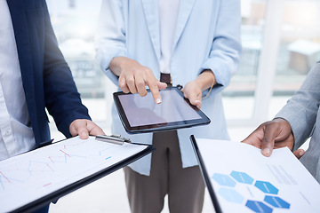 Image showing Business people, hands and tablet mockup in analytics, digital marketing or corporate data statistics. Hand of group in team market strategy with touchscreen, company app and documents for analysis