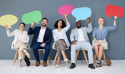 Image showing Diversity, business people and speech bubbles for social media, recruitment and feedback in workplace. Multiracial, happy employees and coworkers with happiness, interview or collaboration for survey