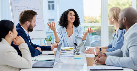 Image showing Black woman, leadership and business people in meeting, strategy or sharing planning idea at office. Happy African American female leader discussing project plan in teamwork collaboration at workshop