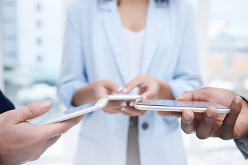 Image showing Business people, hands and phone for team networking, data share or syncing together in the city. Hand of group on mobile smartphone display for social media, app sync or sharing network information