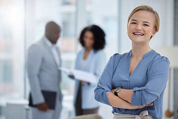 Image showing Business woman, leadership and portrait smile with arms crossed in corporate management at office. Happy confident and friendly female leader, manager or CEO smiling for career success at workplace