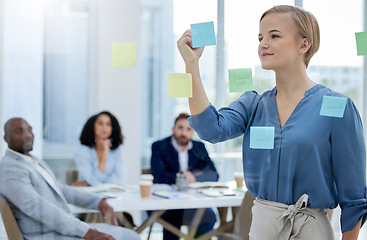 Image showing Writing, presentation and business woman in meeting brainstorming idea, sticky notes and planning in office. Collaboration, leadership and group of people working on project, thinking and strategy