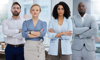 Image showing Diversity team, management and corporate portrait of business people in office for teamwork success. Serious men and women in leadership for company growth, development and mission with solidarity