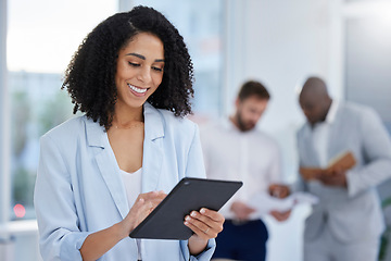 Image showing Smile, search and tablet with black woman in office for networking, communication and social media. Technology, internet and digital with employee reading online for news, planning and email report