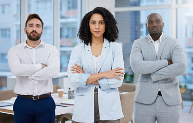 Image showing Black woman, team leader and portrait of business people in office for serious corporate teamwork. Diversity men and person in leadership together for growth, development and management solidarity