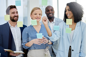 Image showing Planning, brainstorming and business people in meeting with idea, sticky notes and thinking in glass office. Collaboration, diversity and group of workers working on project, sale growth and strategy